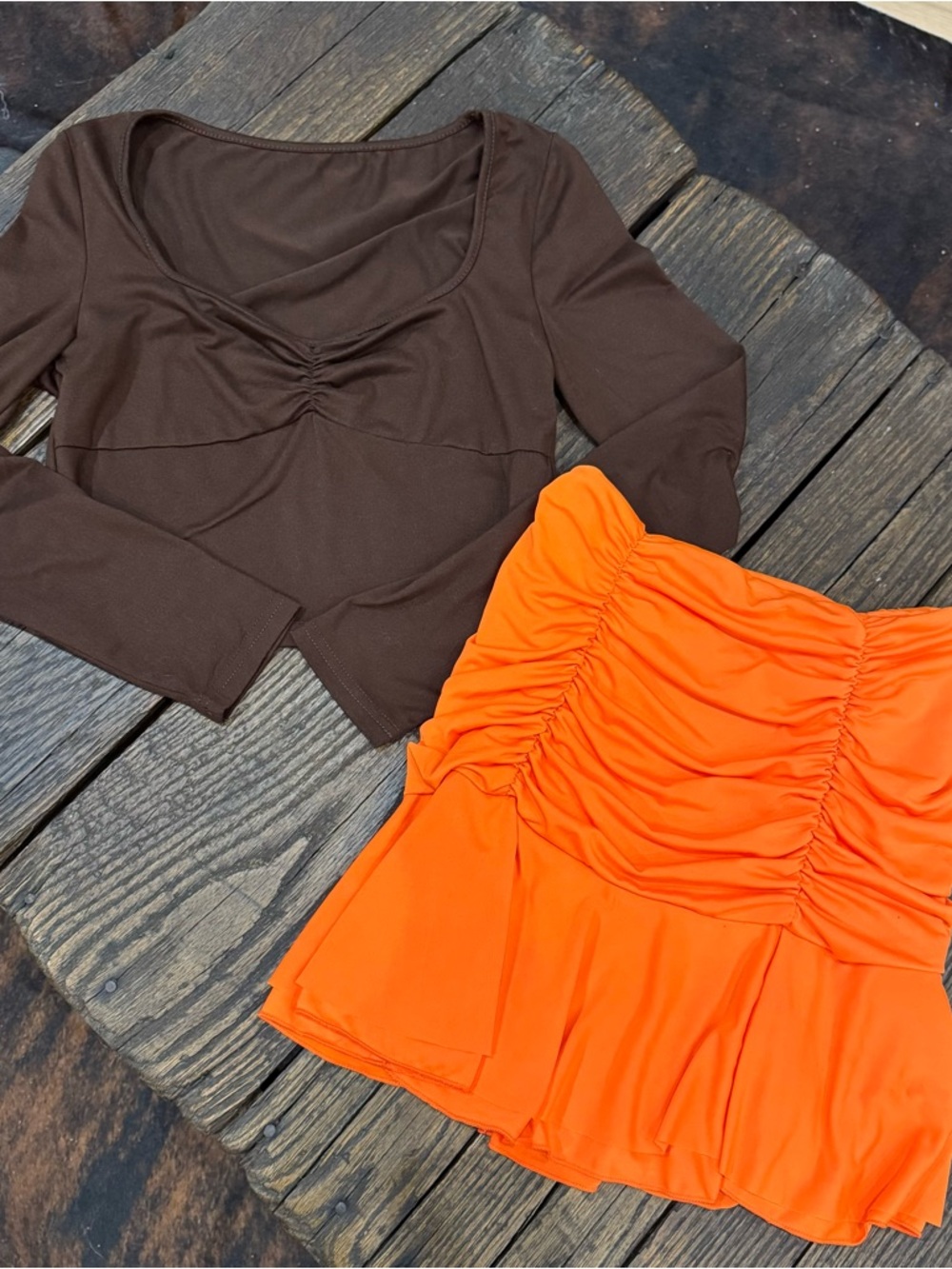 SHEIN Brown Ruched Long Sleeve Shirt & Bright Orange Ruched Mini Skirt Set Small